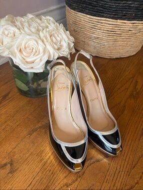Christian Louboutin Black Patent Slingback Pumps with Silver Trim